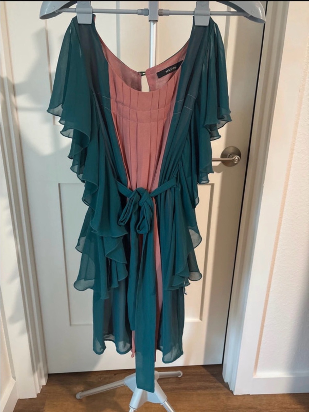 Ark & Co Teal Chiffon Ruffle Midi Dress with Dusty Rose Slip